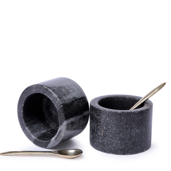 NikkisPride  Black Marble Spice box with brass Spoon Set of 2 